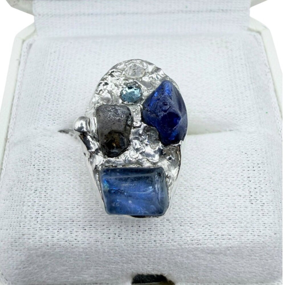 Brutalist Sea Glass Ring - Sterling Silver Cocktail Ring with Crystal Size 9 - Picture 5 of 11